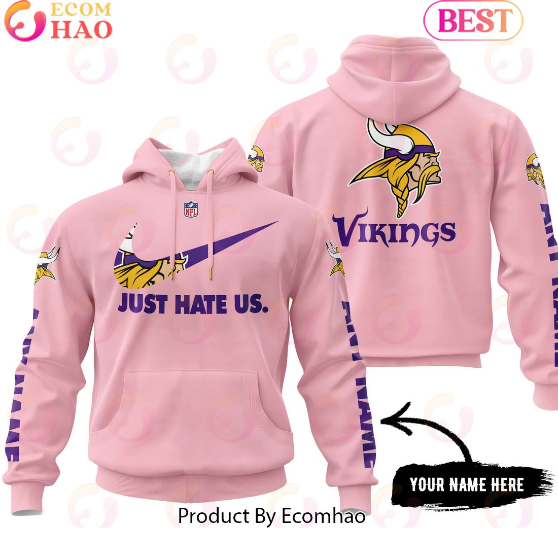 Just Hate Us Pink Custom Name Minnesota Vikings Hoodie