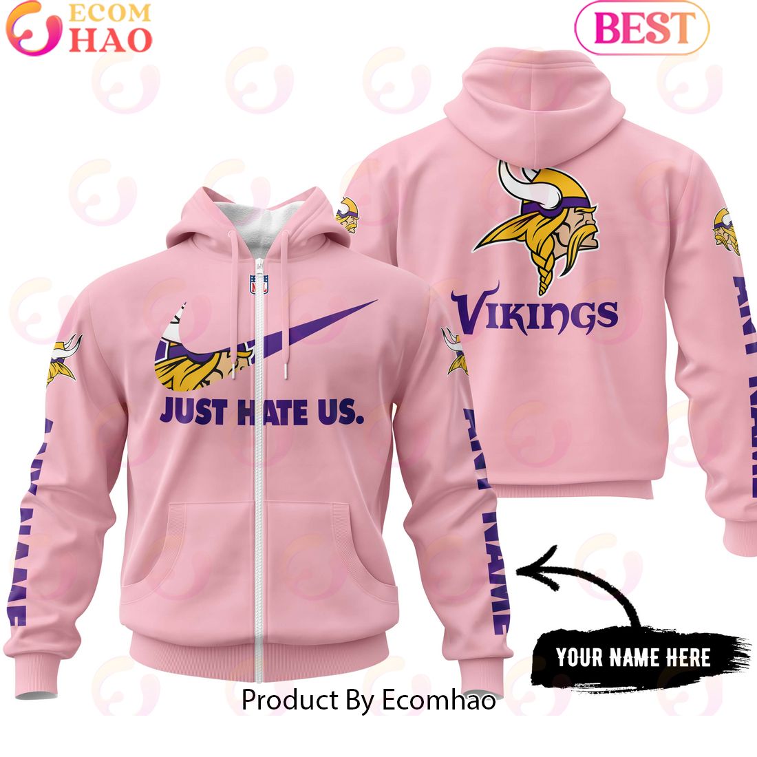 Just Hate Us Pink Custom Name Minnesota Vikings Hoodie