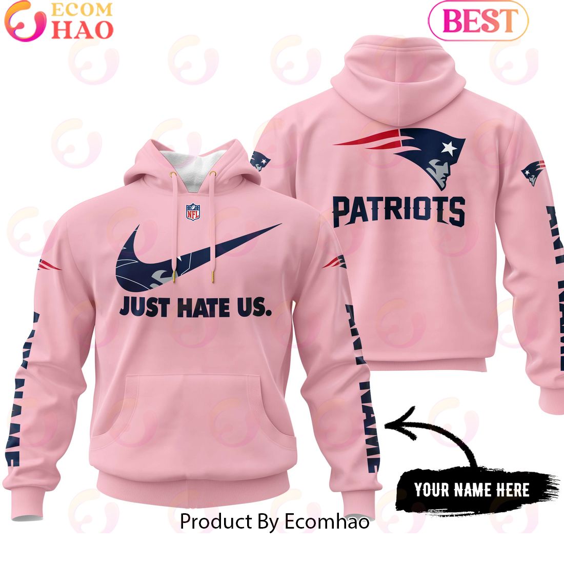 Just Hate Us Pink Custom Name New England Patriots Hoodie