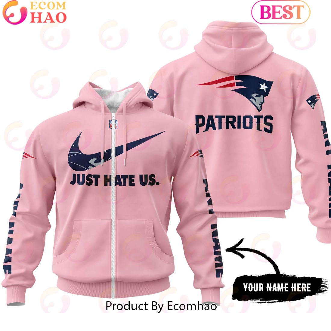 Just Hate Us Pink Custom Name New England Patriots Hoodie