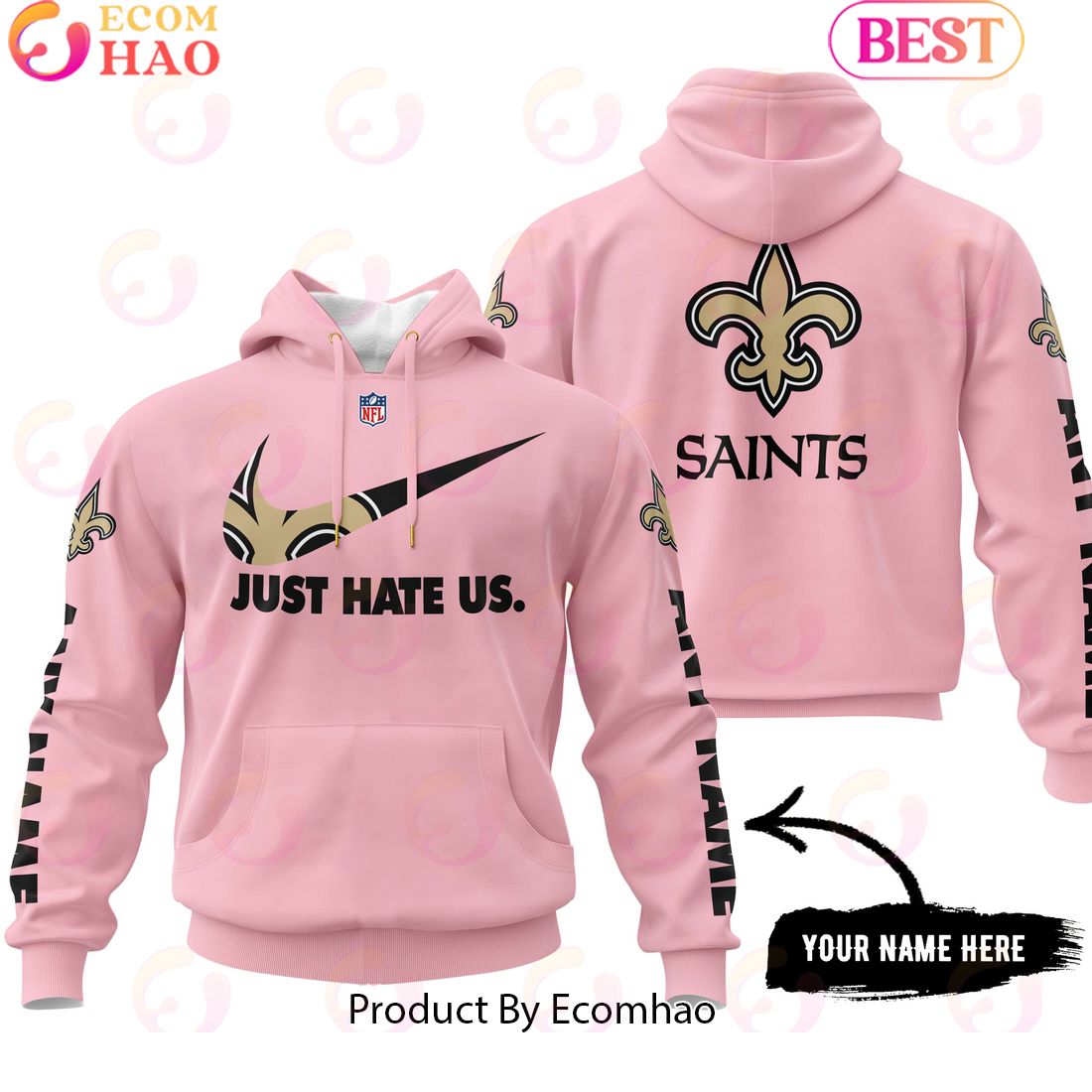 Just Hate Us Pink Custom Name New Orleans Saints Hoodie