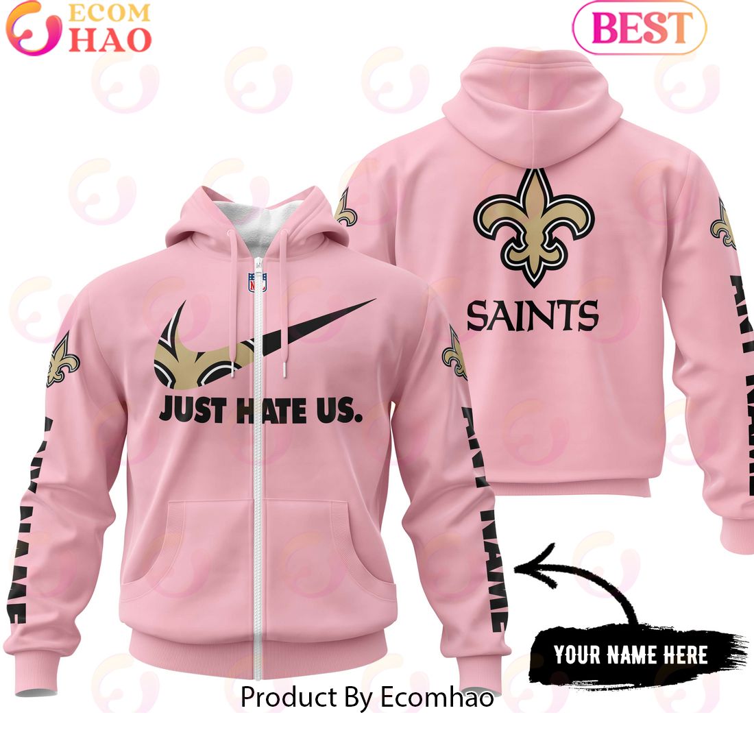 Just Hate Us Pink Custom Name New Orleans Saints Hoodie