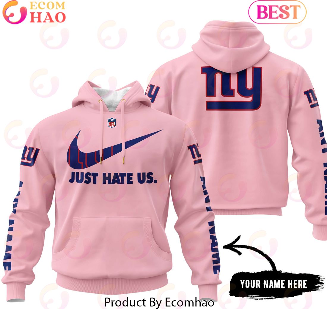 Just Hate Us Pink Custom Name New York Giants Hoodie