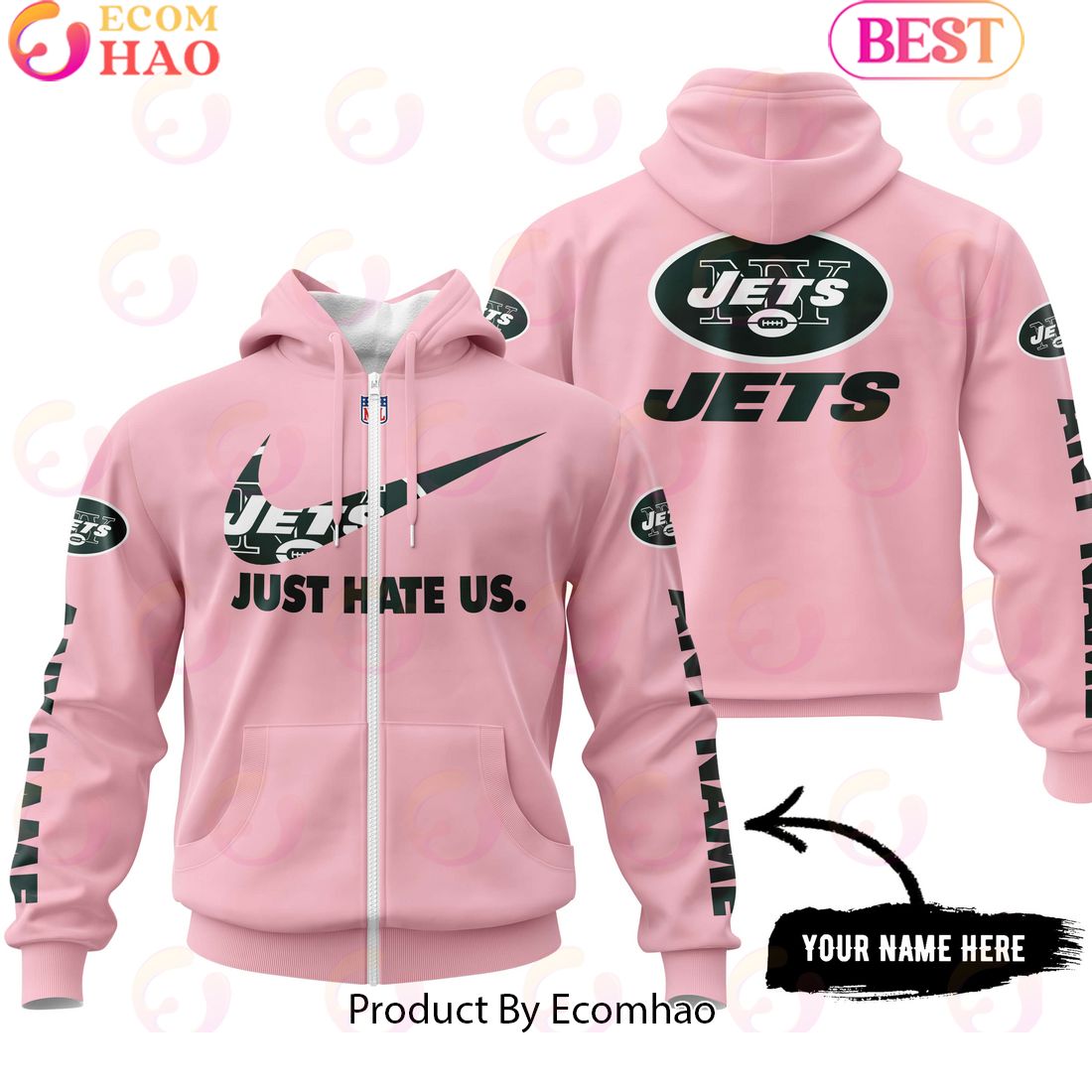 Just Hate Us Pink Custom Name New York Jets Hoodie