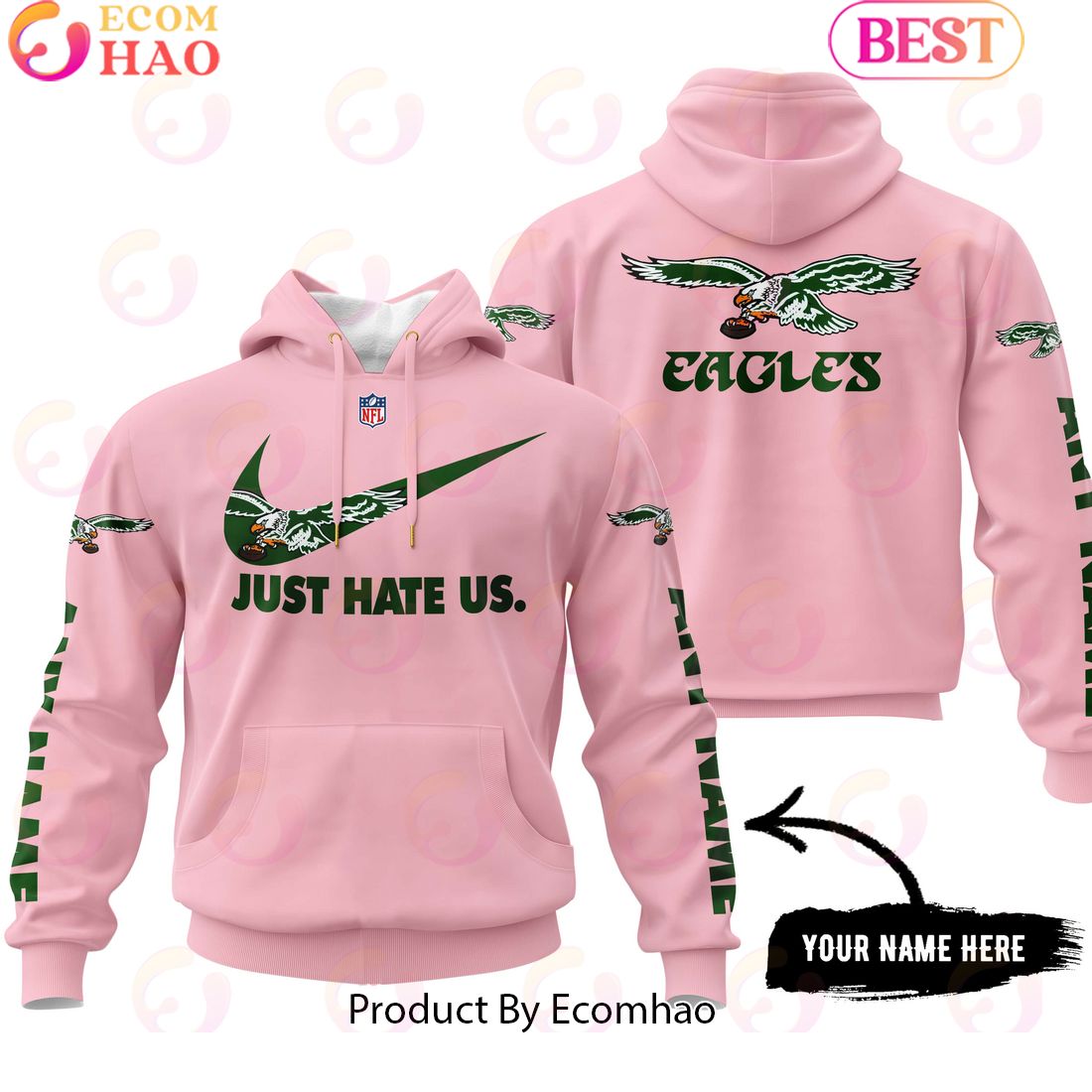 Just Hate Us Pink Custom Name Philadelphia Eagles 1987 Hoodie