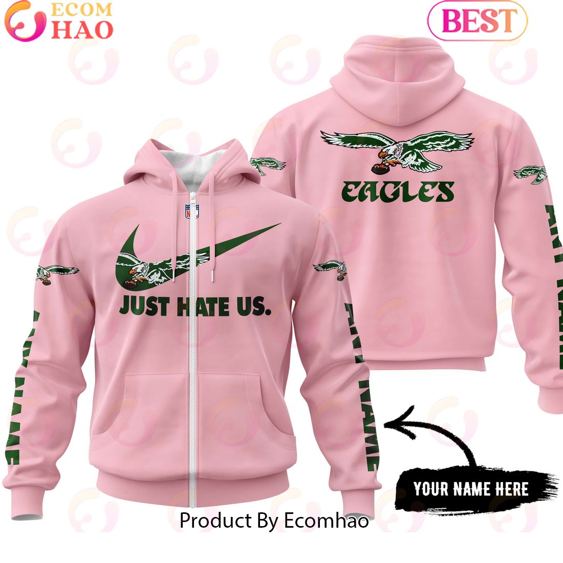 Just Hate Us Pink Custom Name Philadelphia Eagles 1987 Hoodie