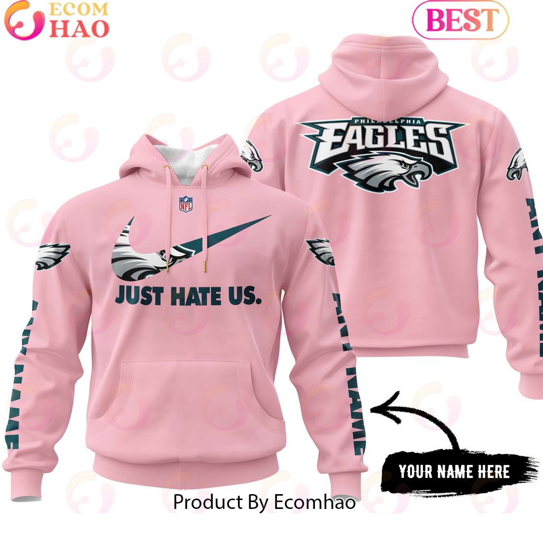 Just Hate Us Pink Custom Name Philadelphia Eagles Hoodie