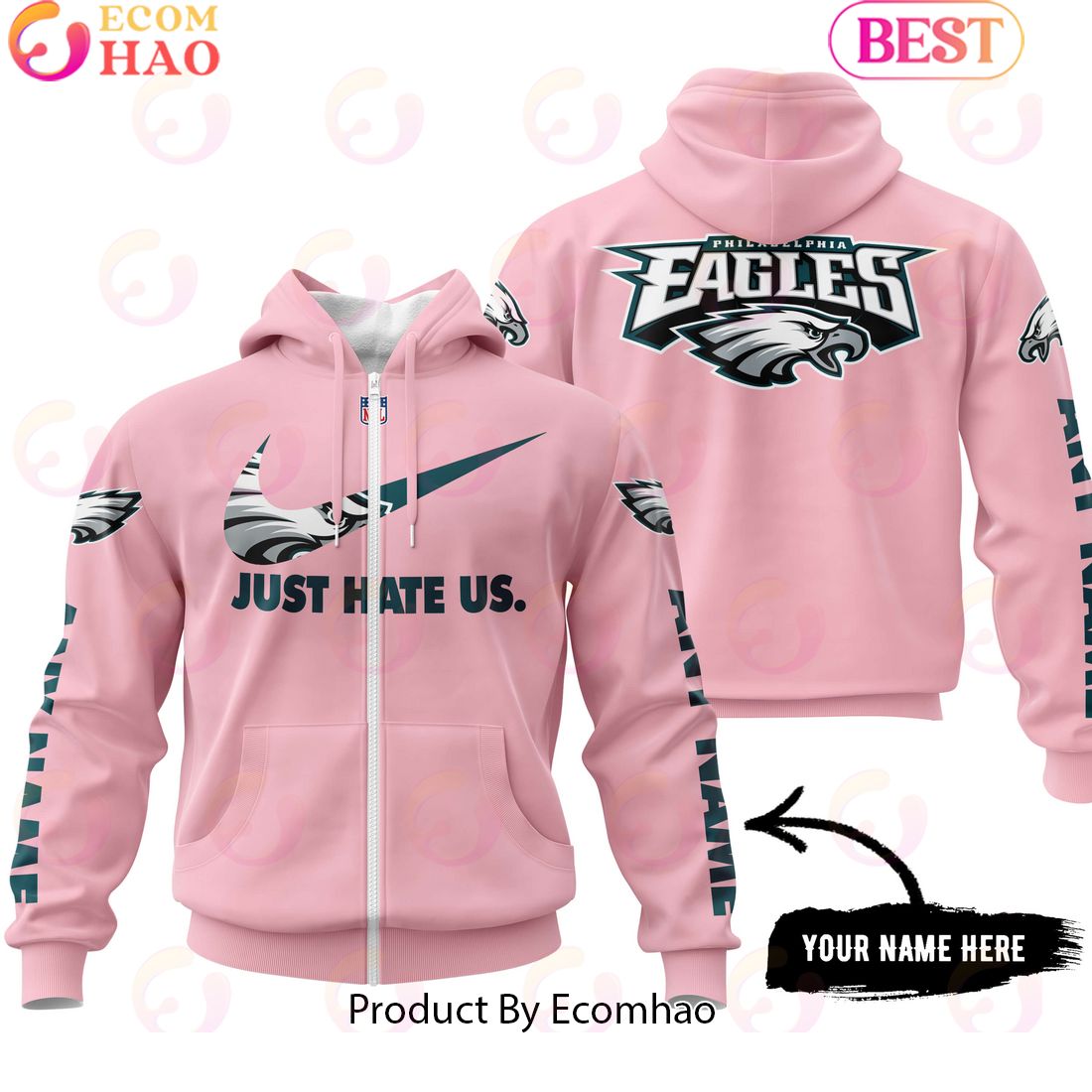 Just Hate Us Pink Custom Name Philadelphia Eagles Hoodie