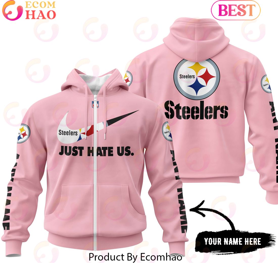 Just Hate Us Pink Custom Name Pittsburgh Steelers Hoodie