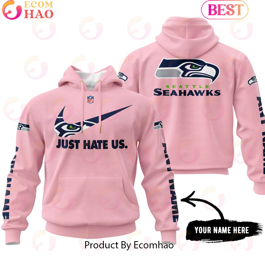 Just Hate Us Pink Custom Name Seattle Seahawks Hoodie