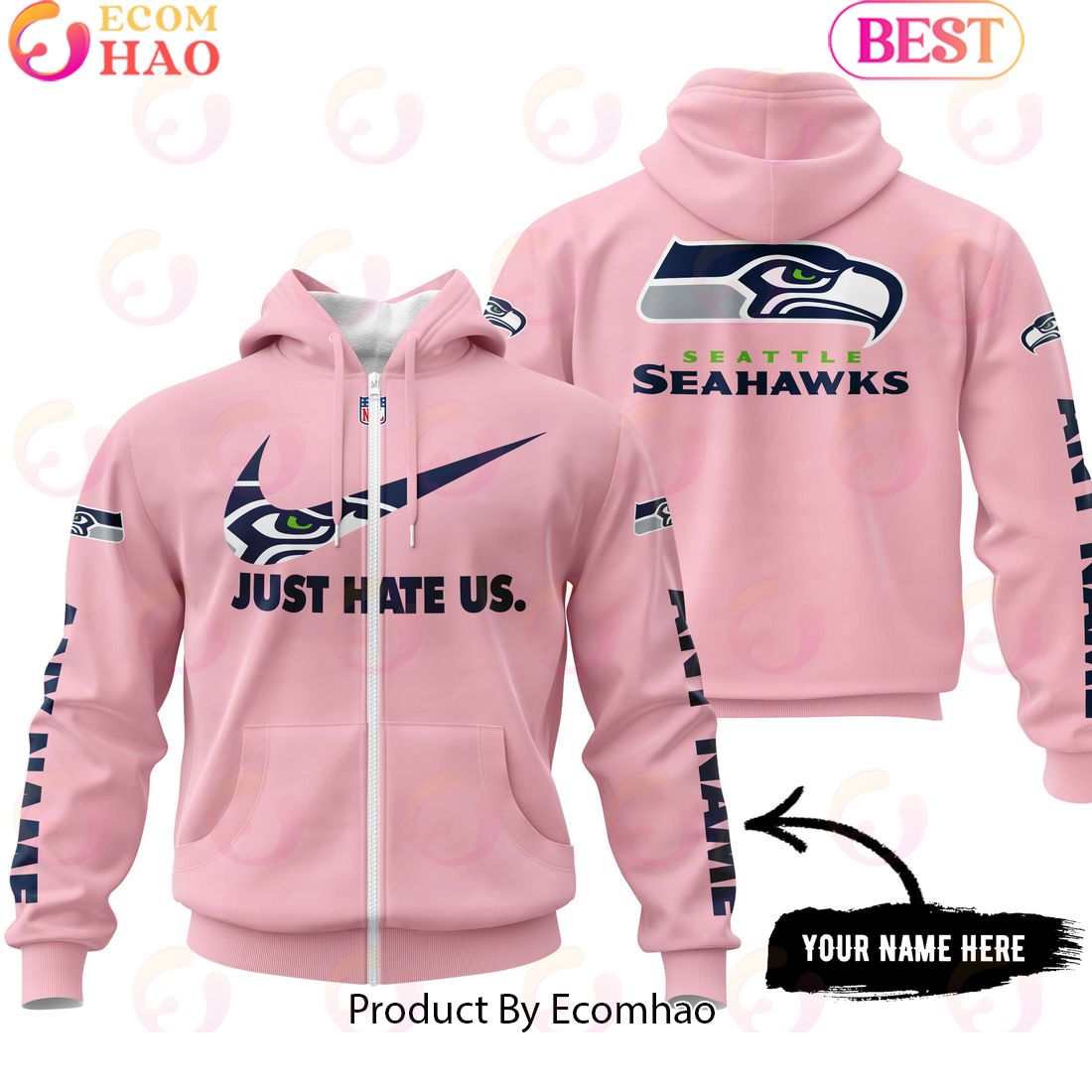 Just Hate Us Pink Custom Name Seattle Seahawks Hoodie