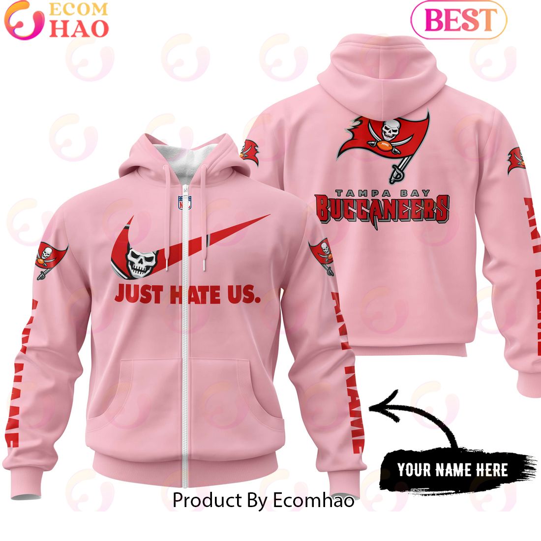 Just Hate Us Pink Custom Name Tampa Bay Buccaneers Hoodie