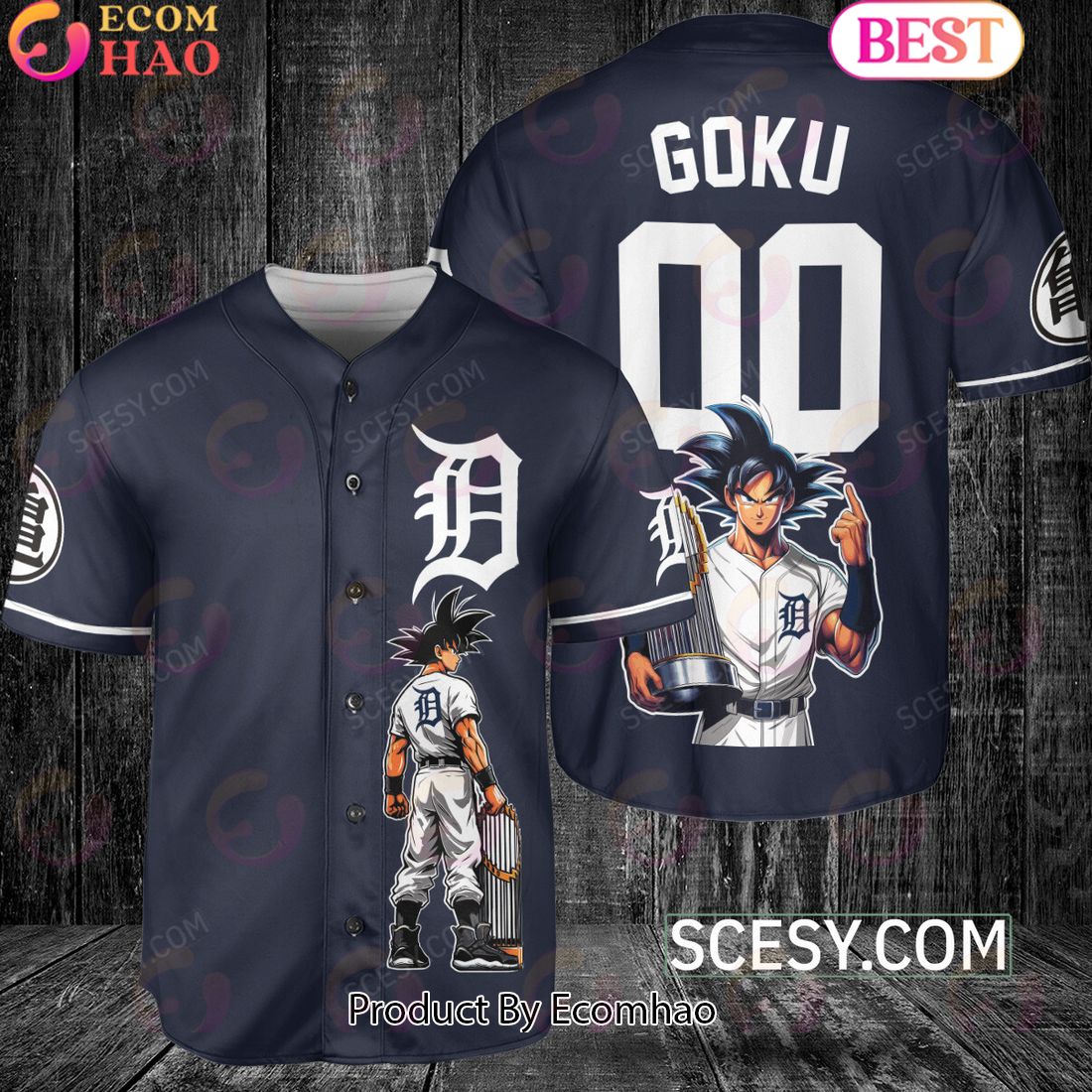 Detroit Tigers Dragon Ball Son Goku Baseball Jersey Navy