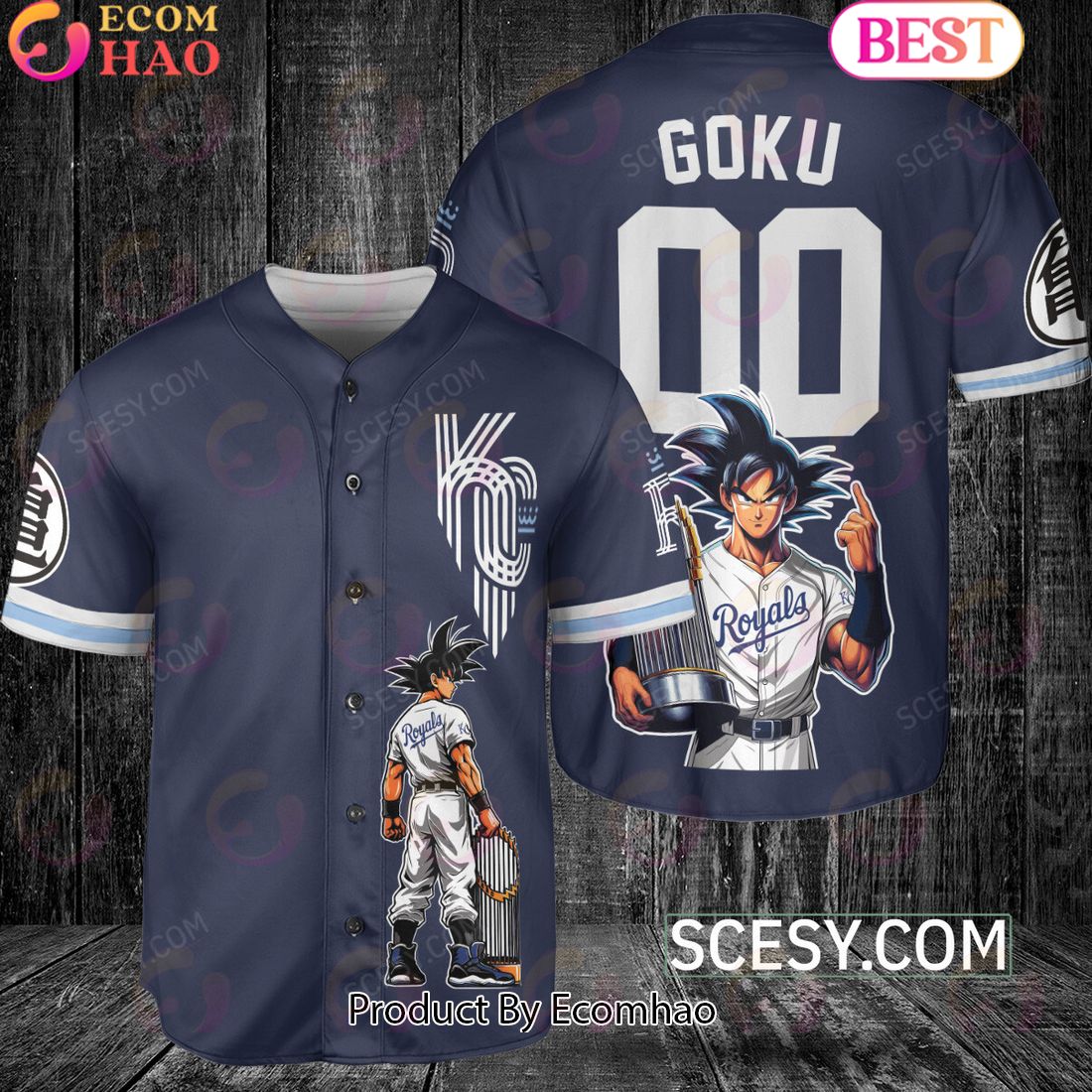 Kansas City Royals Dragon Ball Son Goku Baseball Jersey Navy