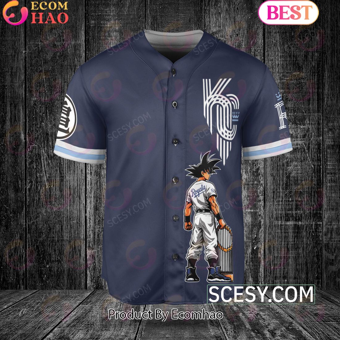 Kansas City Royals Dragon Ball Son Goku Baseball Jersey Navy