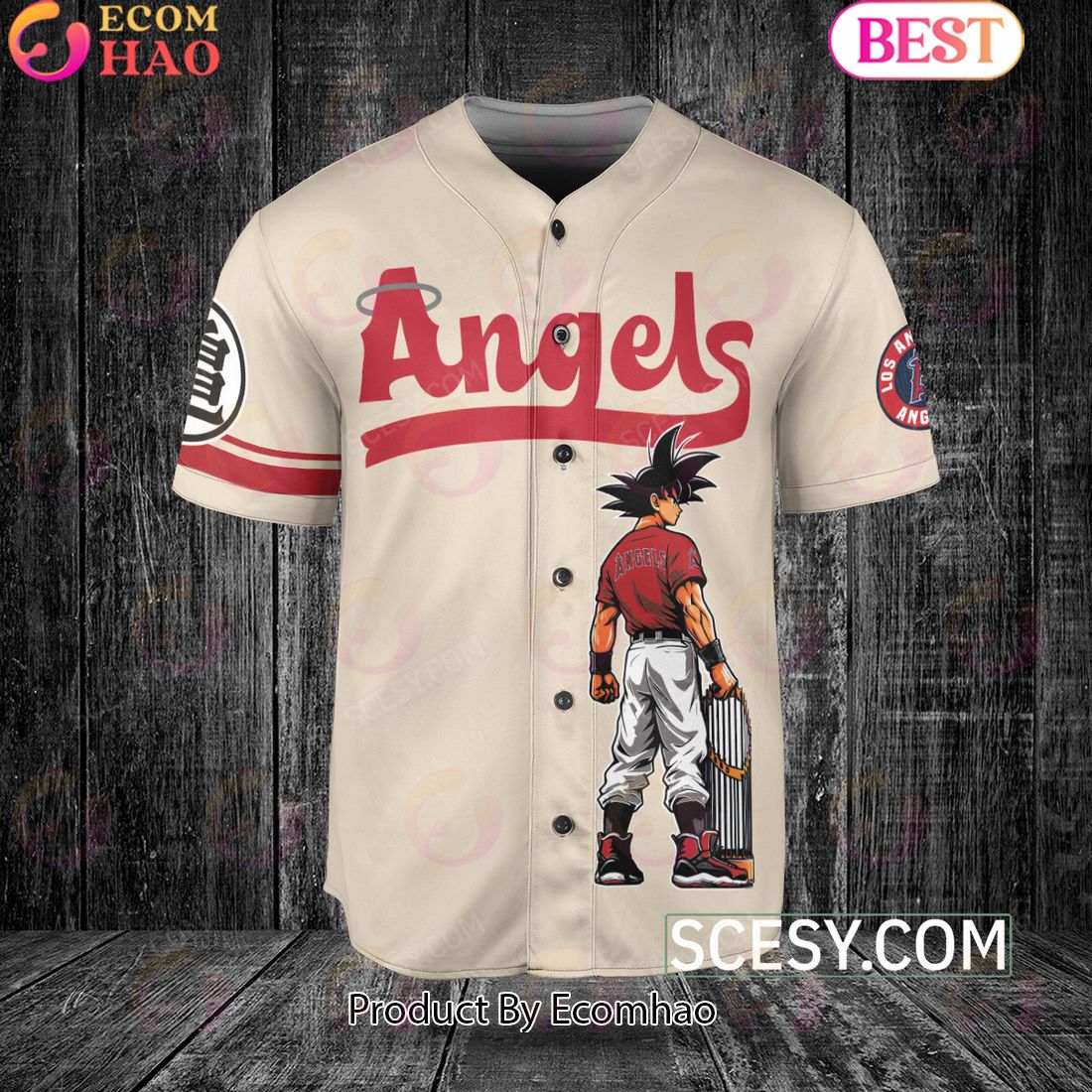 Los Angeles Angels Dragon Ball Son Goku Baseball Jersey Natural