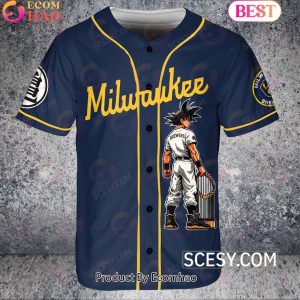 Milwaukee Brewers Dragon Ball Son Goku Baseball Jersey Navy Milwaukee Brewers Dragon Ball Son Goku Baseball Jersey Navy