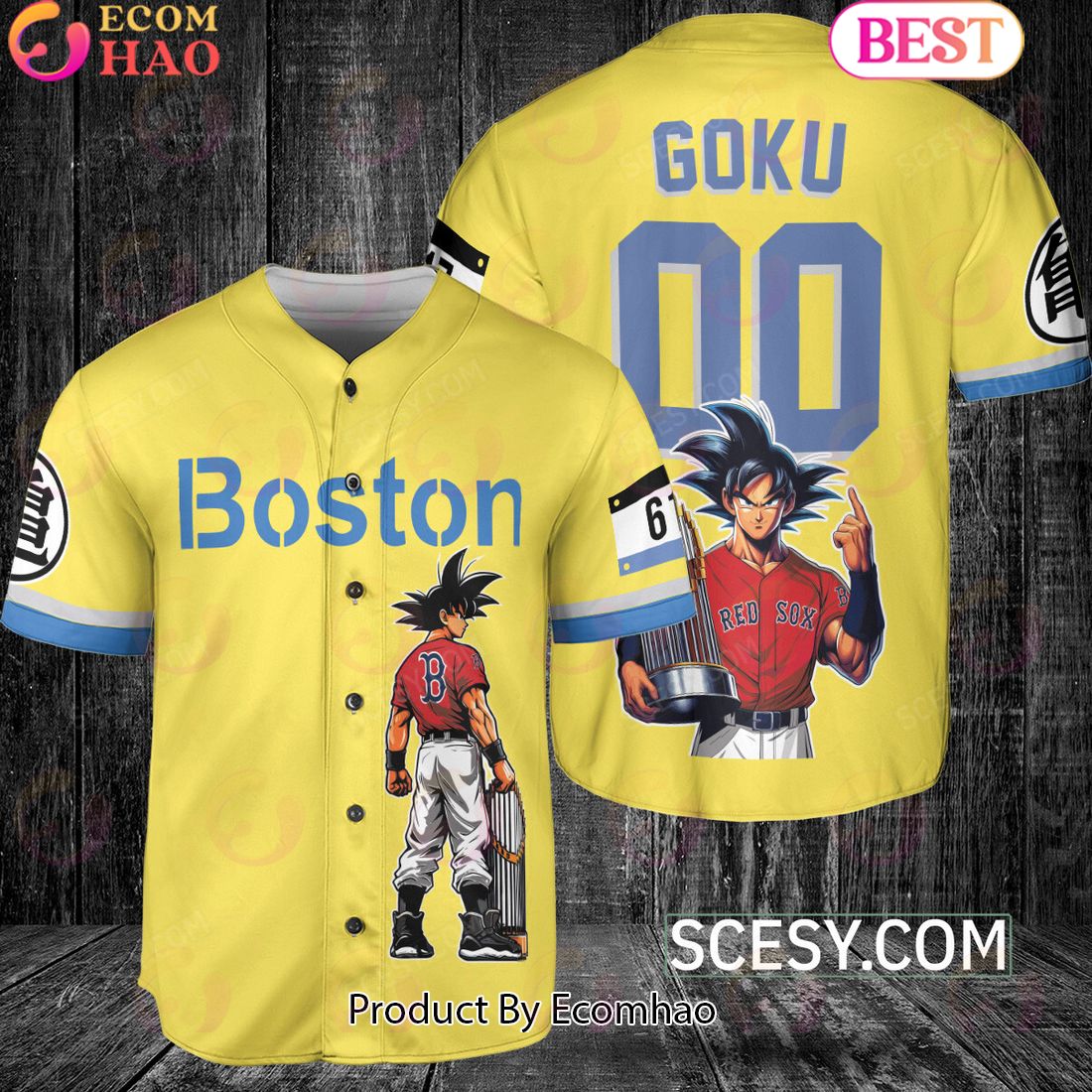 Boston Red Sox Dragon Ball Son Goku Baseball Jersey Yellow