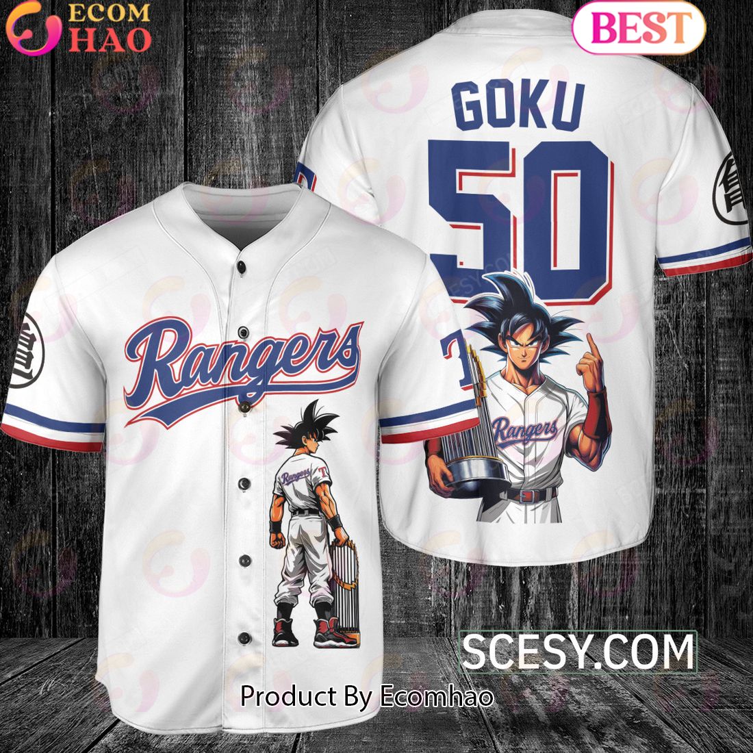 Texas Rangers Dragon Ball Son Goku Baseball Jersey White