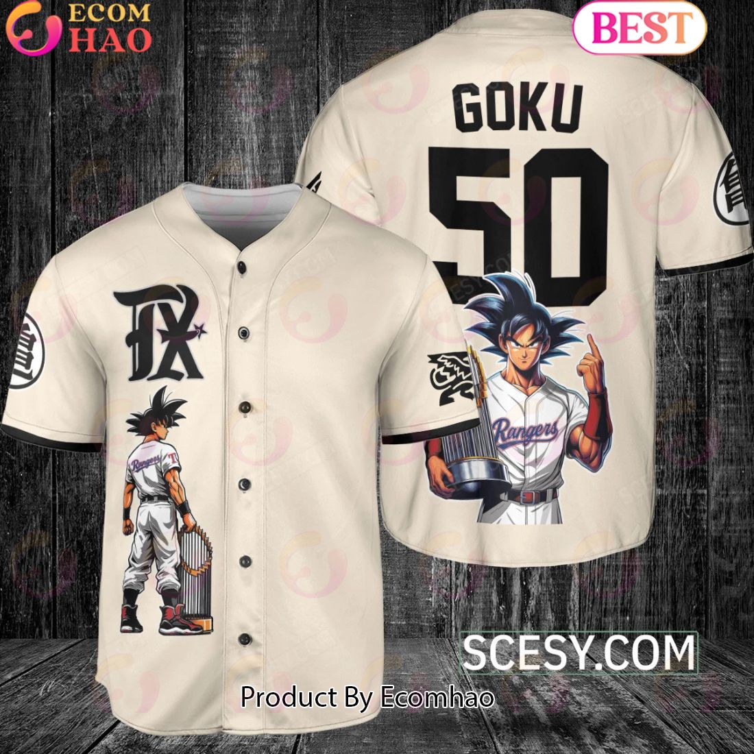 Texas Rangers Dragon Ball Son Goku Baseball Jersey Yellow