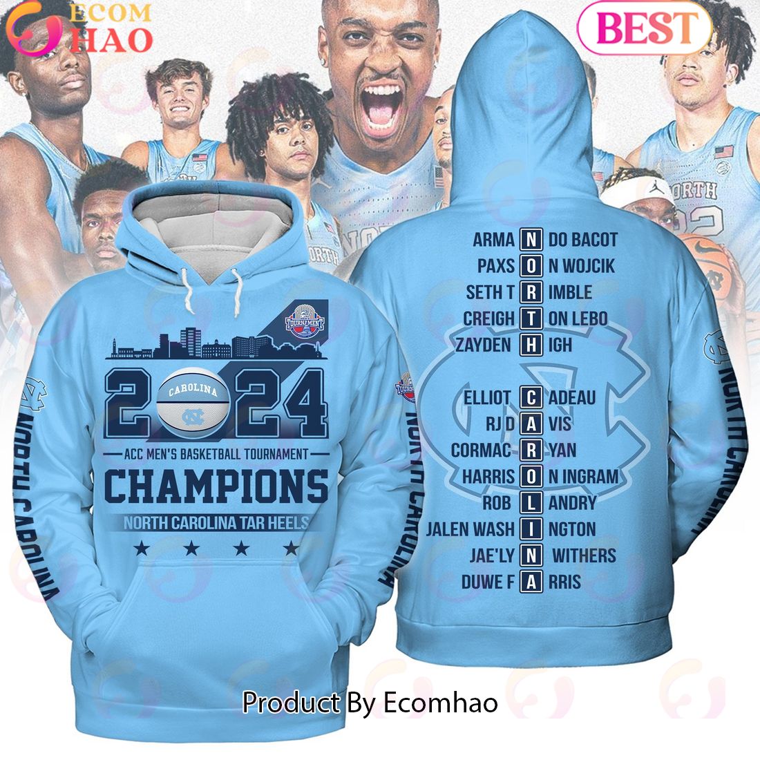 2024 ACC Men’s Basketball Tournament Champions North Carolina Tar Heels Blue Hoodie