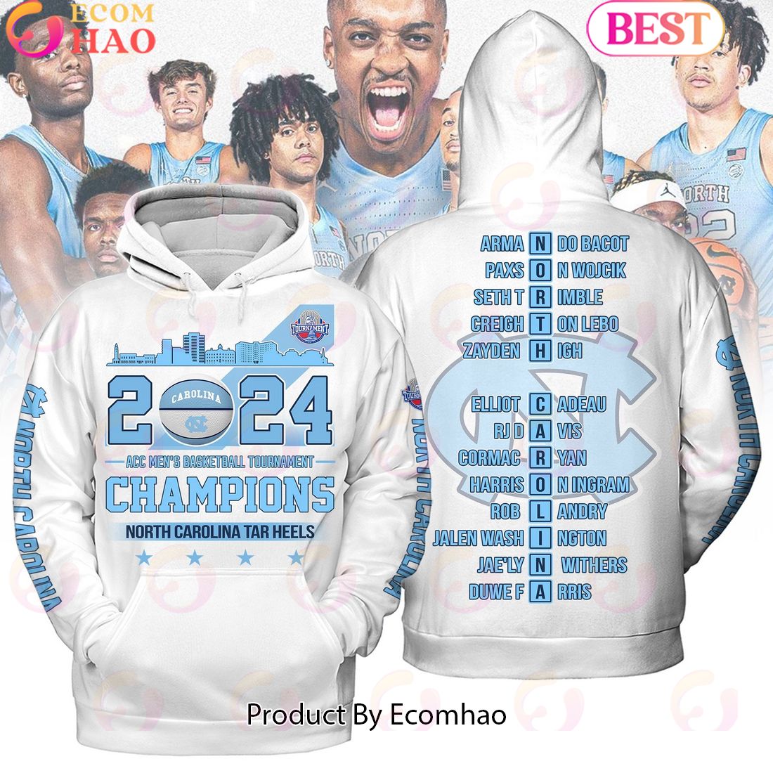 2024 ACC Men’s Basketball Tournament Champions North Carolina Tar Heels White Hoodie