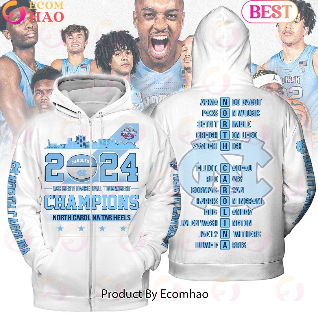 2024 ACC Men’s Basketball Tournament Champions North Carolina Tar Heels White Hoodie