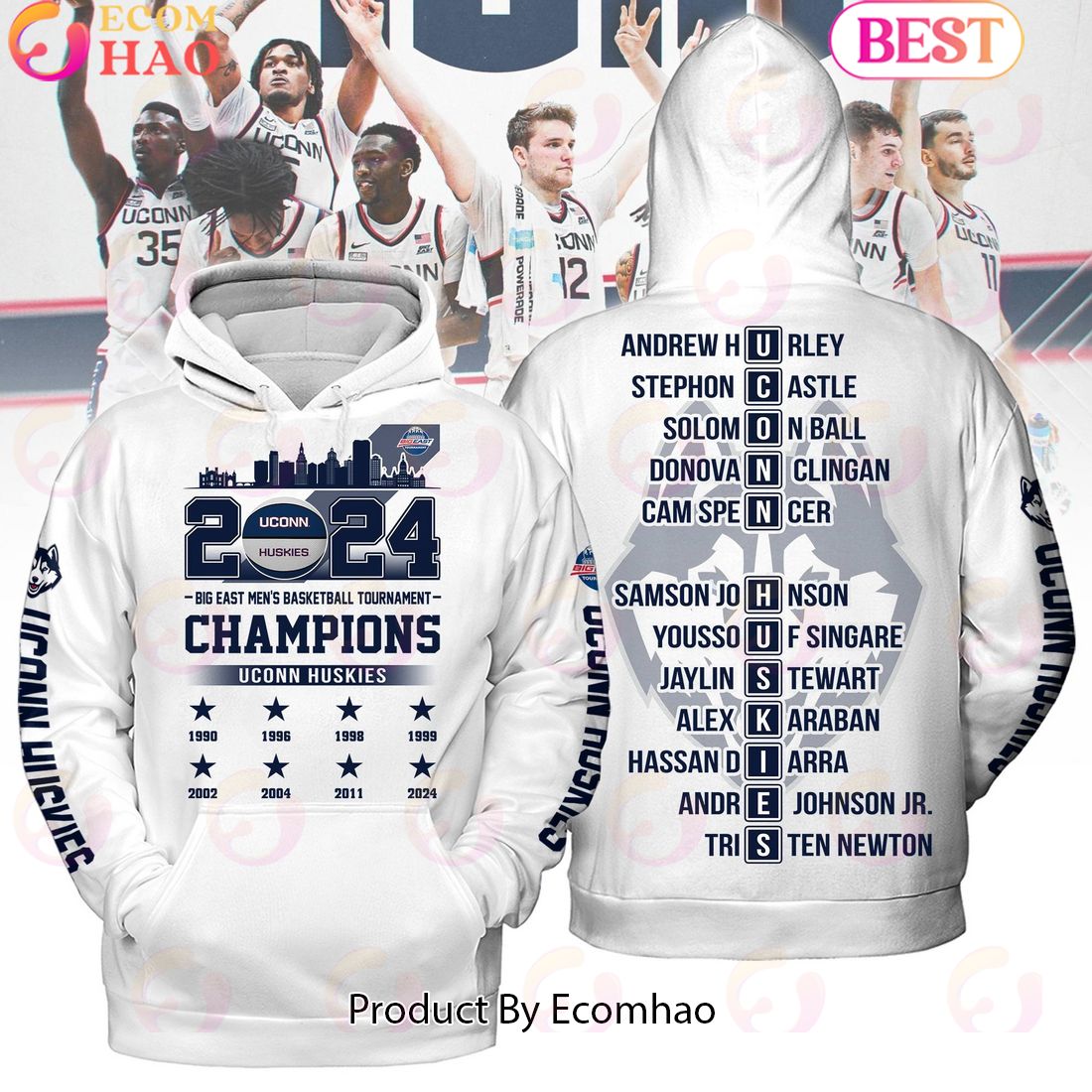 2024 Big East Men’s Basketball Tournament Champions Uconn Huskies White Hoodie