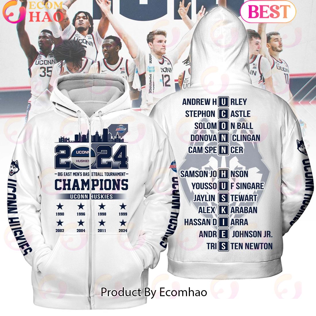 2024 Big East Men’s Basketball Tournament Champions Uconn Huskies White Hoodie