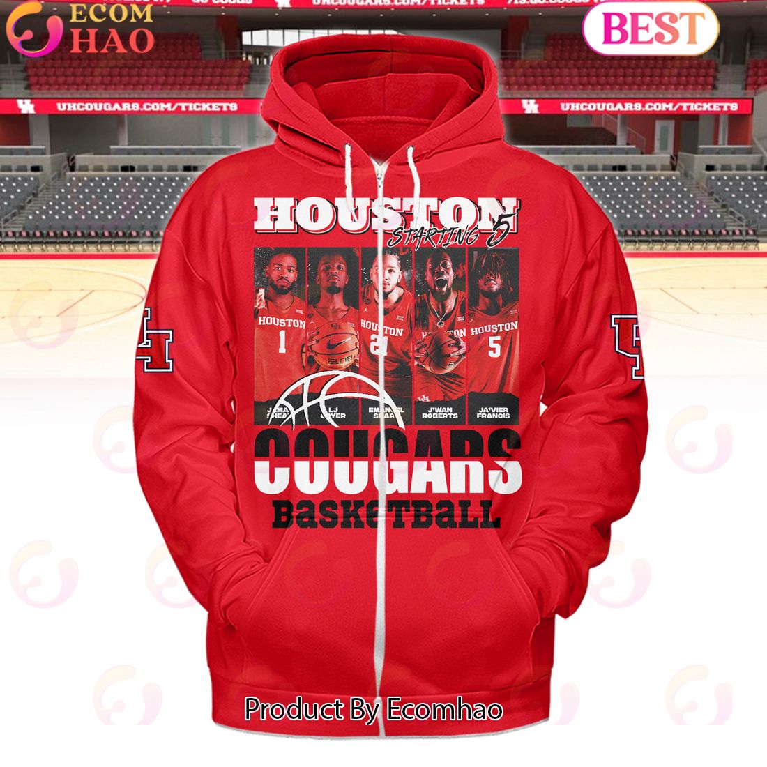 Houston Cougars Basketball Starting 5 Red Hoodie