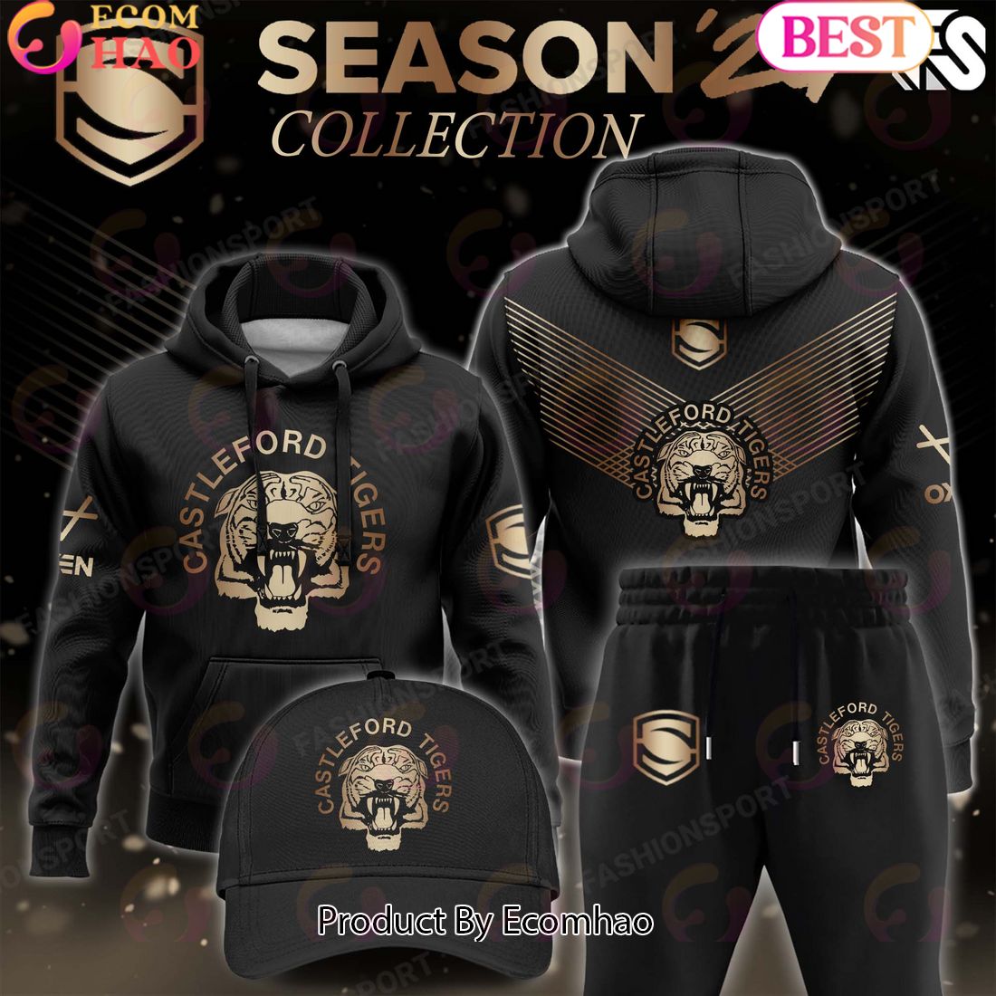 Super League Castleford Tigers Gold Team Season 24 Collection Hoodie, Longpants, Cap