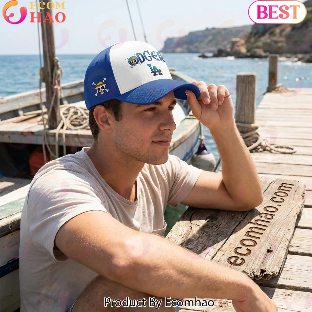 Los Angeles Dodgers x One Piece Anime Straw Hat Pirates Crossover Blue and White Baseball Cap Los Angeles Dodgers x One Piece Anime Straw Hat Pirates Crossover Blue and White Baseball Cap