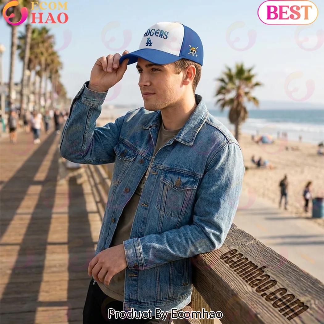 Los Angeles Dodgers x One Piece Anime Straw Hat Pirates Crossover Blue and White Baseball Cap Los Angeles Dodgers x One Piece Anime Straw Hat Pirates Crossover Blue and White Baseball Cap