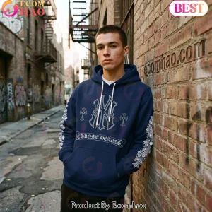 New York Yankees x Chrome Hearts Style Gothic Cross Navy Blue Streetwear Pullover Hoodie