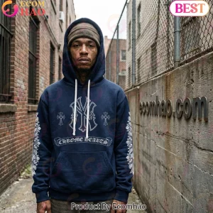 New York Yankees x Chrome Hearts Style Gothic Cross Navy Blue Streetwear Pullover Hoodie