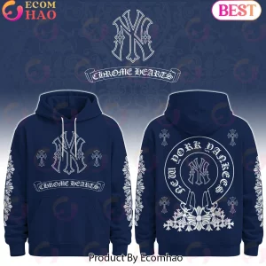 New York Yankees x Chrome Hearts Style Gothic Cross Navy Blue Streetwear Pullover Hoodie