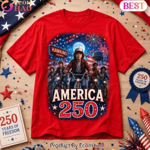 Stranger Things America 250 Years Of Freedom Hawkins Indiana Patriotic Retro Red Graphic T-Shirt