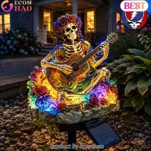 Grateful Dead Inspired Skeleton Guitarist Bertha Roses Waterproof LED Outdoor Solar Garden Light