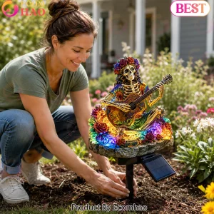 Grateful Dead Inspired Skeleton Guitarist Bertha Roses Waterproof LED Outdoor Solar Garden Light
