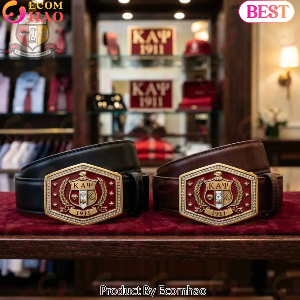 Kappa Alpha Psi 1911 Fraternity Crest Gold Rhinestone Buckle Genuine Leather Belt Kappa Alpha Psi 1911 Fraternity Crest Gold Rhinestone Buckle Genuine Leather Belt