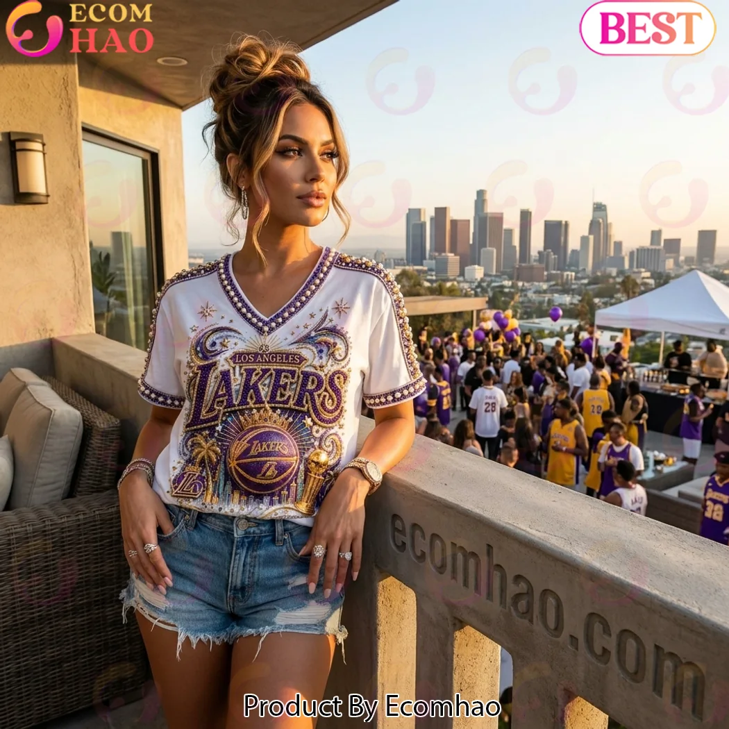 Los Angeles Lakers Luxury Rhinestone Pearl Print Premium Graphic V-Neck Shirt Los Angeles Lakers Luxury Rhinestone Pearl Print Premium Graphic V-Neck Shirt