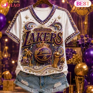 Los Angeles Lakers Luxury Rhinestone Pearl Print Premium Graphic V-Neck Shirt