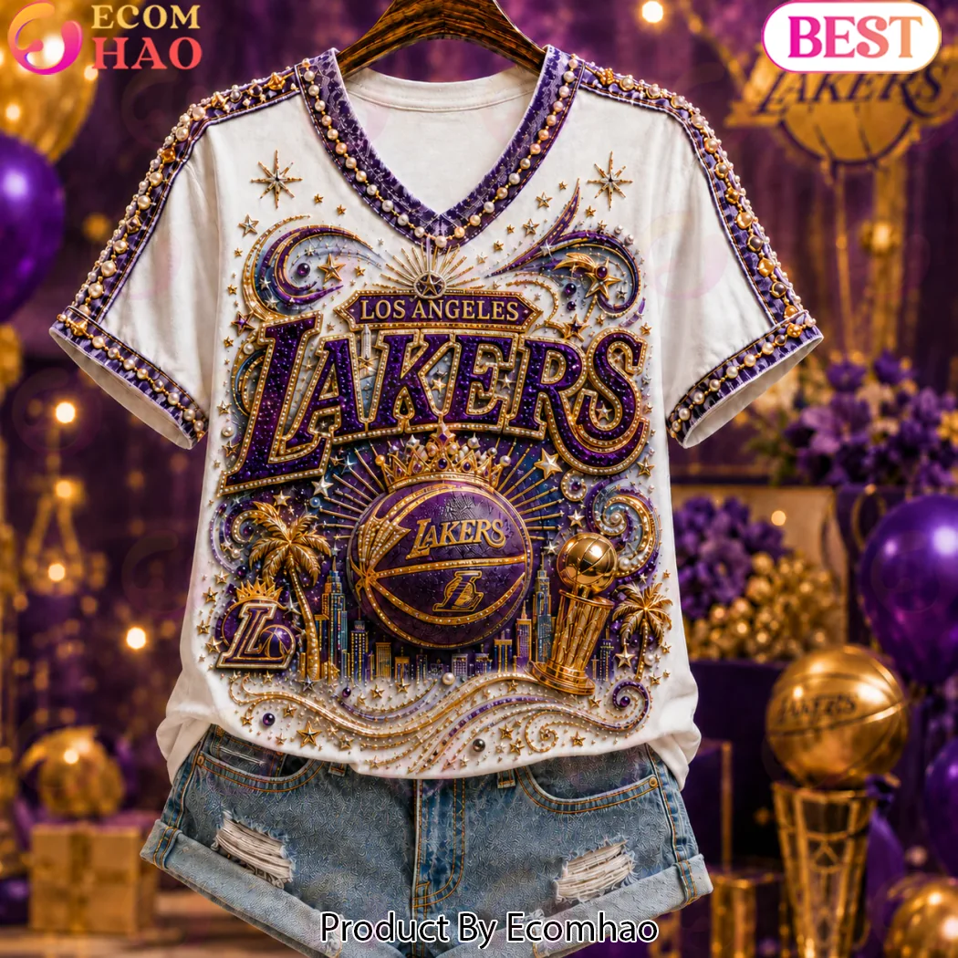 Los Angeles Lakers Luxury Rhinestone Pearl Print Premium Graphic V-Neck Shirt Los Angeles Lakers Luxury Rhinestone Pearl Print Premium Graphic V-Neck Shirt