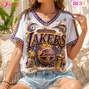 Los Angeles Lakers Luxury Rhinestone Pearl Print Premium Graphic V-Neck Shirt