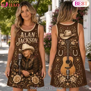 Alan Jackson Country Music Vintage Western Guitar Floral Brown Sleeveless Dress