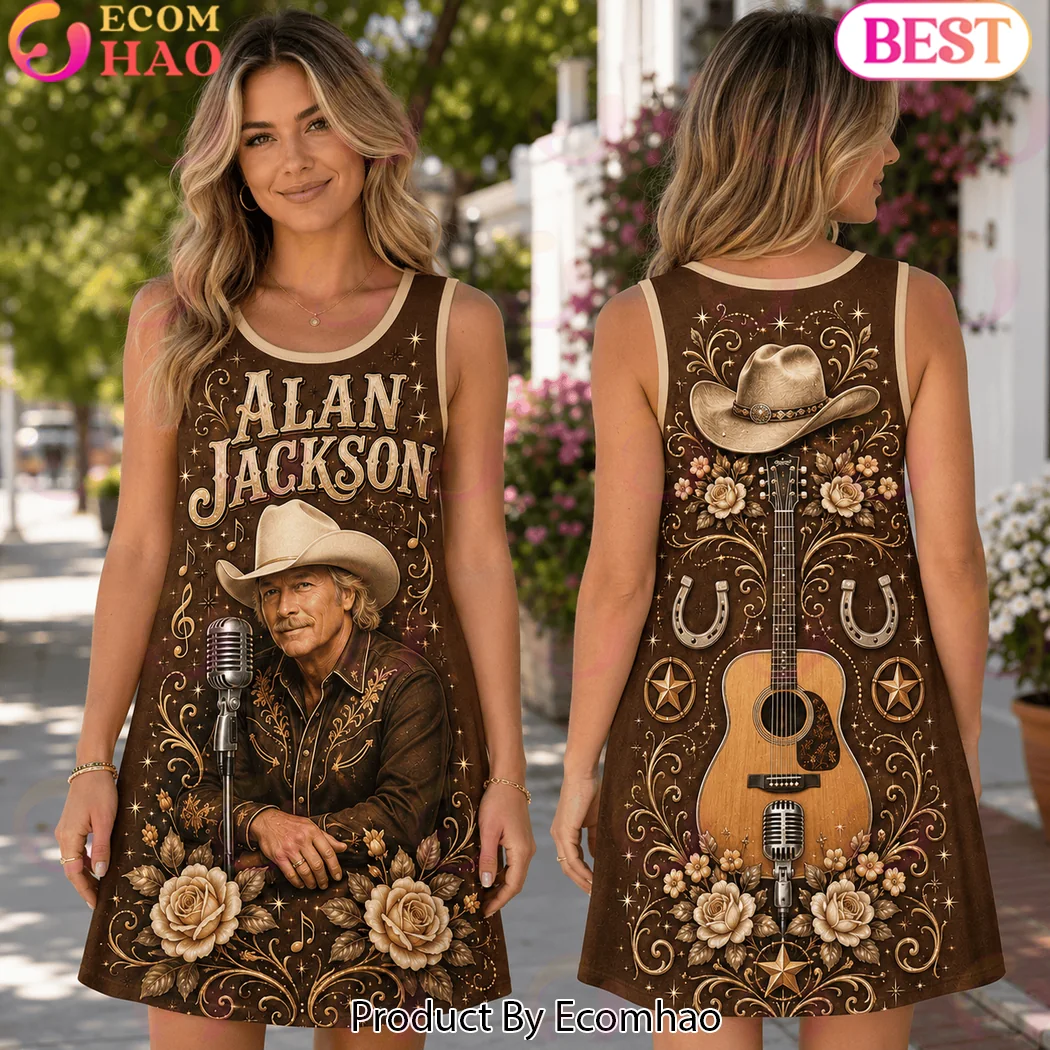 Alan Jackson Country Music Vintage Western Guitar Floral Brown Sleeveless Dress Alan Jackson Country Music Vintage Western Guitar Floral Brown Sleeveless Dress