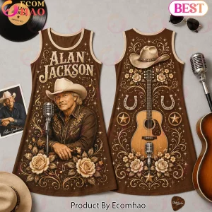 Alan Jackson Country Music Vintage Western Guitar Floral Brown Sleeveless Dress