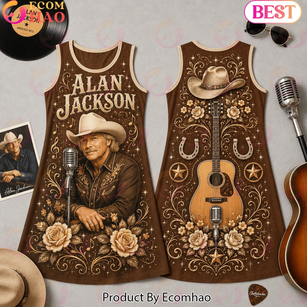 Alan Jackson Country Music Vintage Western Guitar Floral Brown Sleeveless Dress Alan Jackson Country Music Vintage Western Guitar Floral Brown Sleeveless Dress