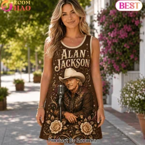 Alan Jackson Country Music Vintage Western Guitar Floral Brown Sleeveless Dress