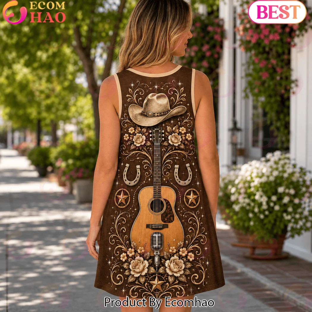 Alan Jackson Country Music Vintage Western Guitar Floral Brown Sleeveless Dress Alan Jackson Country Music Vintage Western Guitar Floral Brown Sleeveless Dress